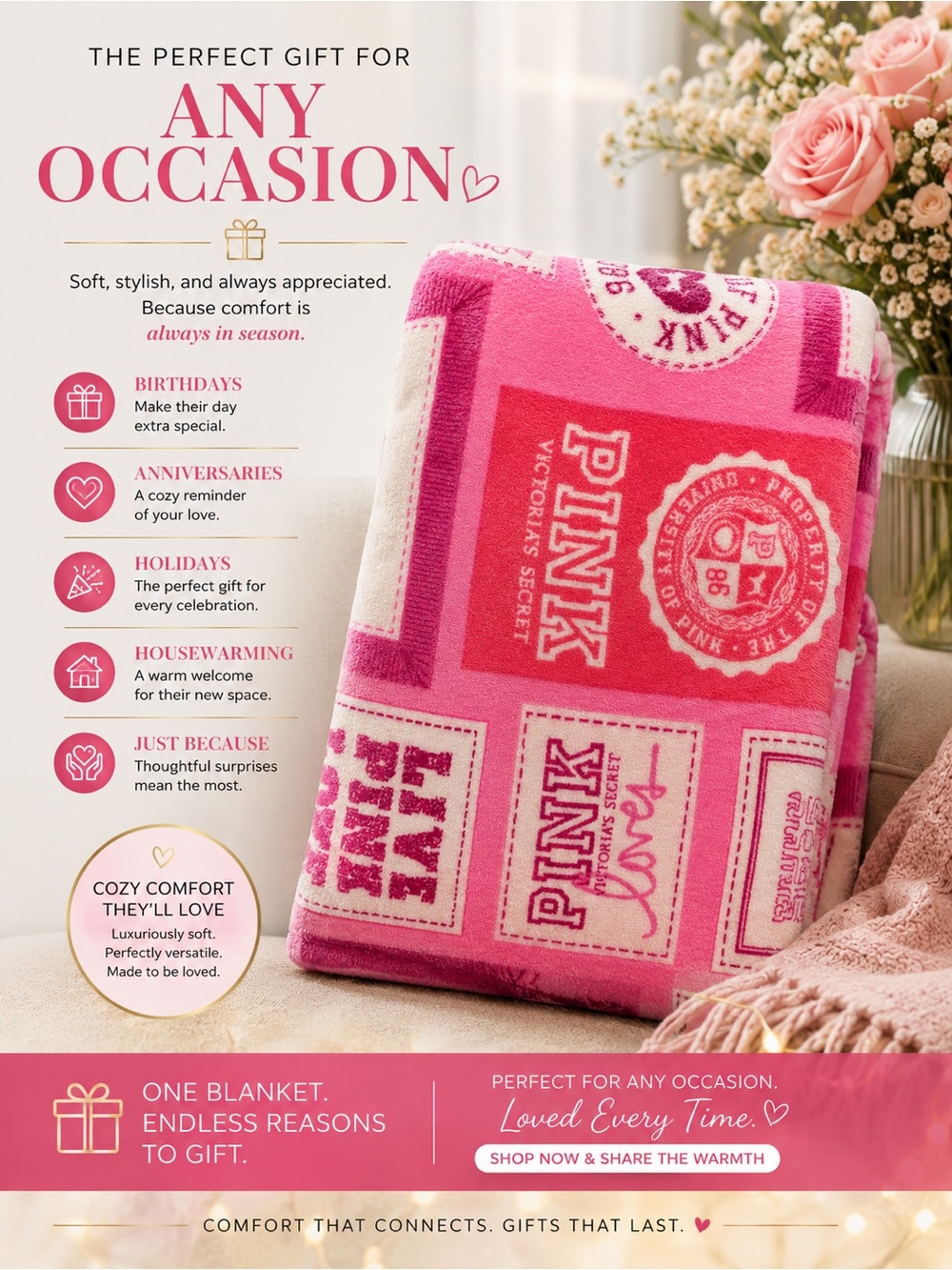Victoria's Secret Pink Logo Plush Throw Blanket in Bright Pink & Light Pink